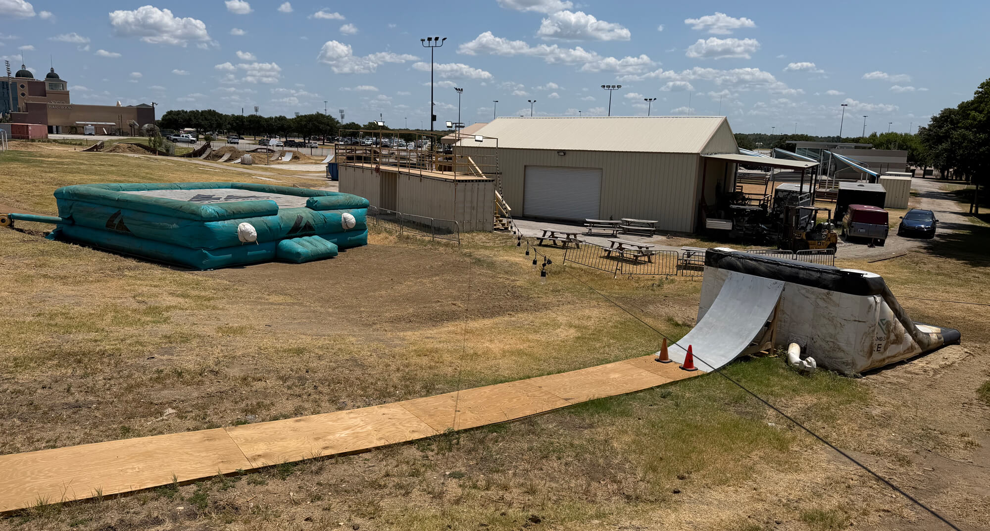 Wide view of the flat bag and resi air bag course at Alliance Skatepark in Grand Prairie.