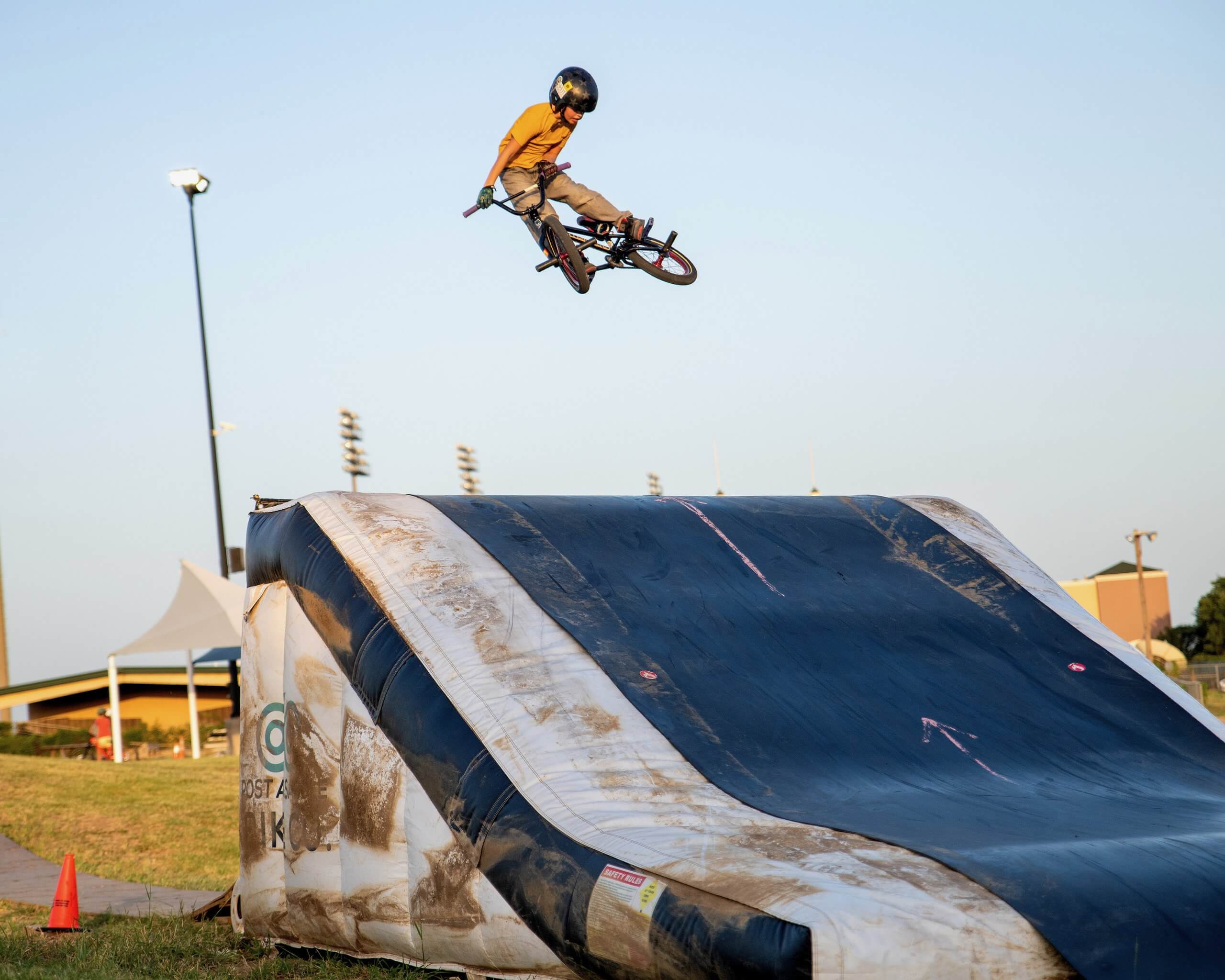 Wide view of the flat bag and resi air bag course at Alliance Skatepark in Grand Prairie.