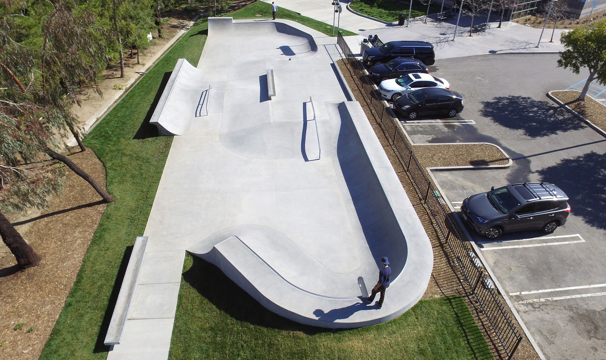 Illustrative aerial view of a skatepark in Anaheim, California.