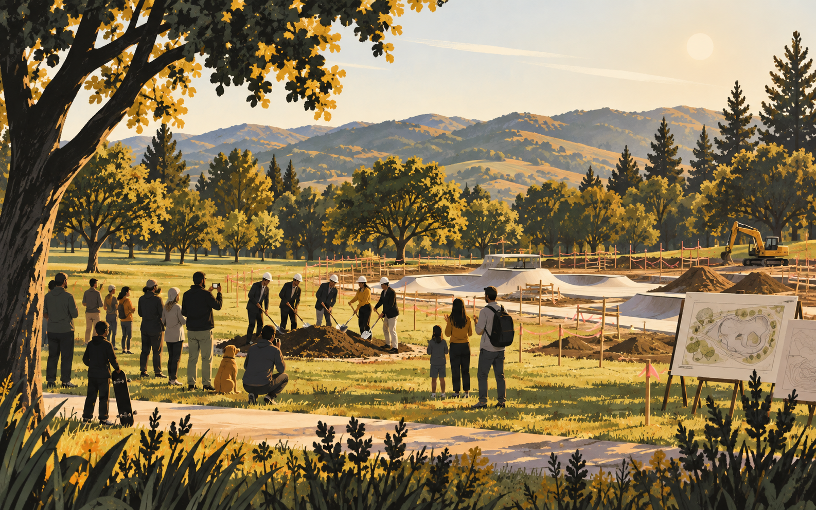 Editorial illustration of a community skatepark groundbreaking in a green Northern California park.