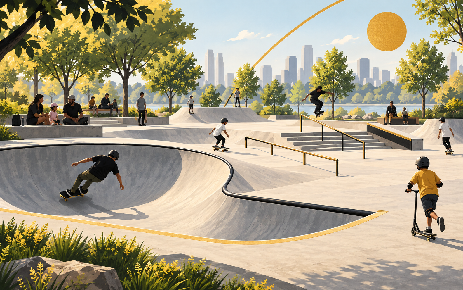 Editorial illustration of skaters and families using a public concrete skatepark in summer.